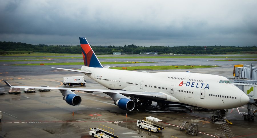 TOKYO, JAPAN - circa JUNE 2016: Delta Air Lines Boeing 747-451 towed at Narita International Airport, Japan. Delta Air Lines is a major American airline, with its headquarters and largest hub at Hartsfield-Jackson Atlanta International Airport in Atlanta,